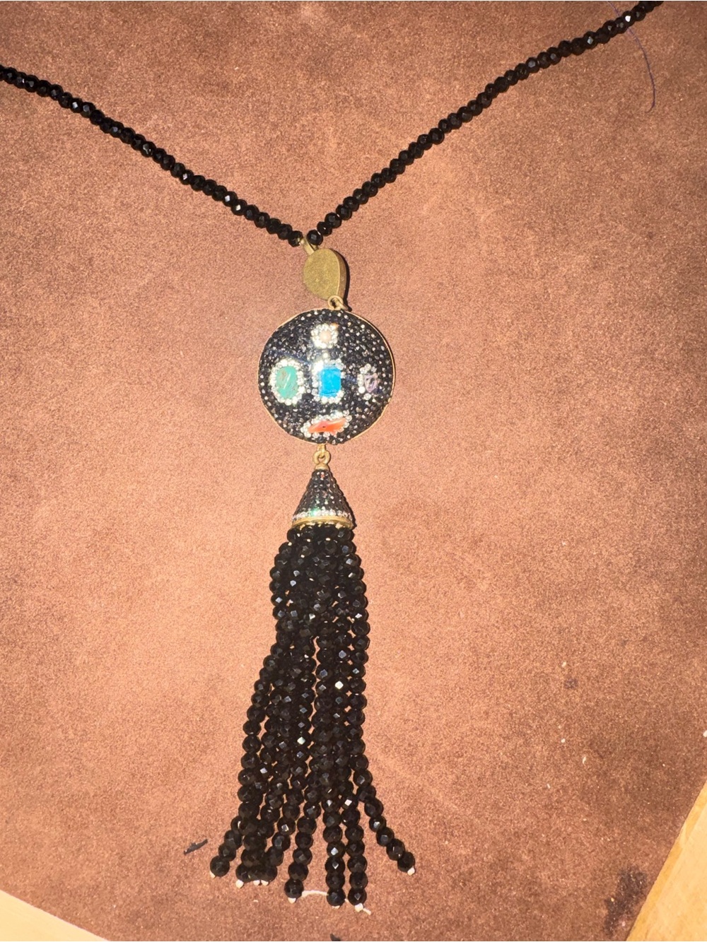 Black Beaded Tassel Necklace with Multicolor Crystal Pendant